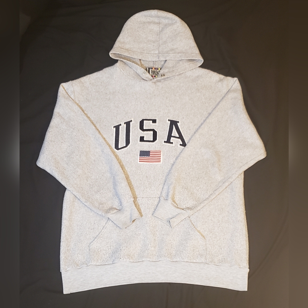 Vintage Forenza USA Flag Hoodie Gray Embroidered Pullover